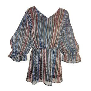 NWT Plus Stripped Ruffles 3/4 Puff Sleeve Flutter Blouse Size 26 Blue/Rose Pink
